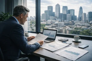 Businessman reviewing financial documents in office