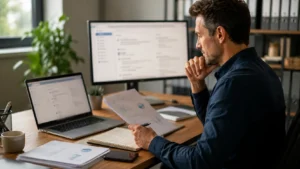 British small business owner using AI-powered software to improve daily business productivity.
