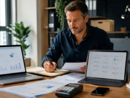 British small business owner using essential digital business tools in a modern office.