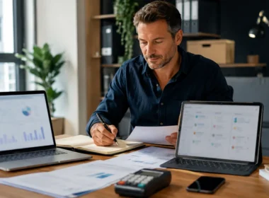 British small business owner using essential digital business tools in a modern office.
