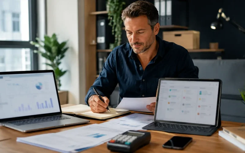 British small business owner using essential digital business tools in a modern office.