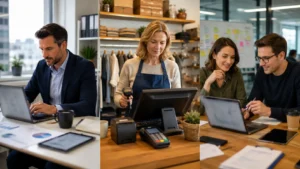 Different UK small businesses using tailored digital tools for finance, operations and customer management.