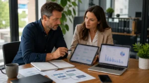 UK business owner comparing software solutions with a business adviser before choosing business tools.