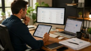 UK entrepreneur managing accounting, CRM and cloud business tools in a modern office.